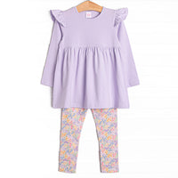 This set features a purple flutter shoulder top and floral leggings to match.