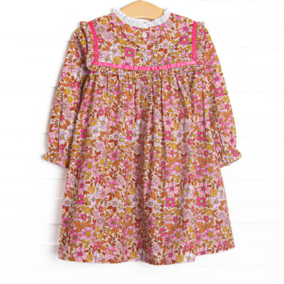 Retro Blossoms Ruffle Bib Long Sleeve Dress, Brown