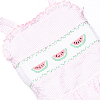 Seersucker Slices Smocked One Piece, Pink