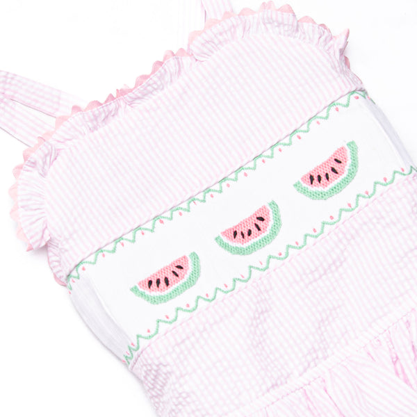 Seersucker Slices Smocked One Piece, Pink