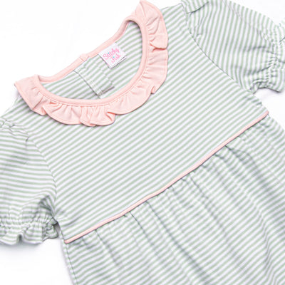 Sophie Pima Long Romper, Light Pink and Sage Stripe