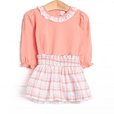  This set features pink fabric, a plaid ruffle collar, and long sleeves. Coordinating pink plaid skirt to match. 