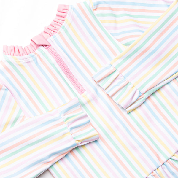 Summer Stripes Long Sleeve Rash Guard Bikini, Pink
