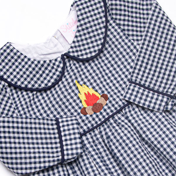 Campfire Tales Applique Collared Romper, Navy