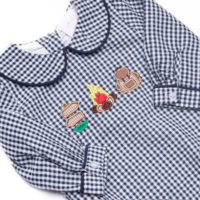 Campfire Tales Applique Long Sleeve Collared Bubble, Navy