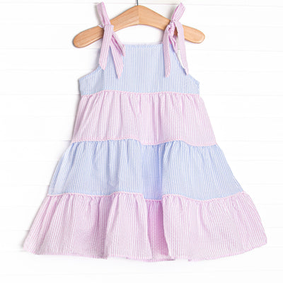 Santorini Seersucker Tiered Dress, Blue