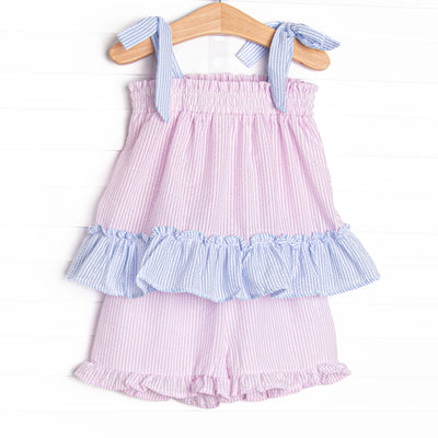 Santorini Seersucker Ruffle Short Set, Blue