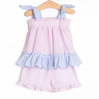 Santorini Seersucker Ruffle Short Set, Blue