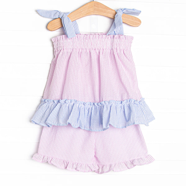 Santorini Seersucker Ruffle Short Set, Blue