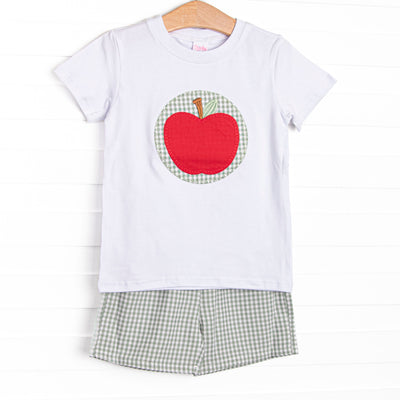 This set features a white shirt and green gingham and apple applique. Coordinating green gingham shorts to match.