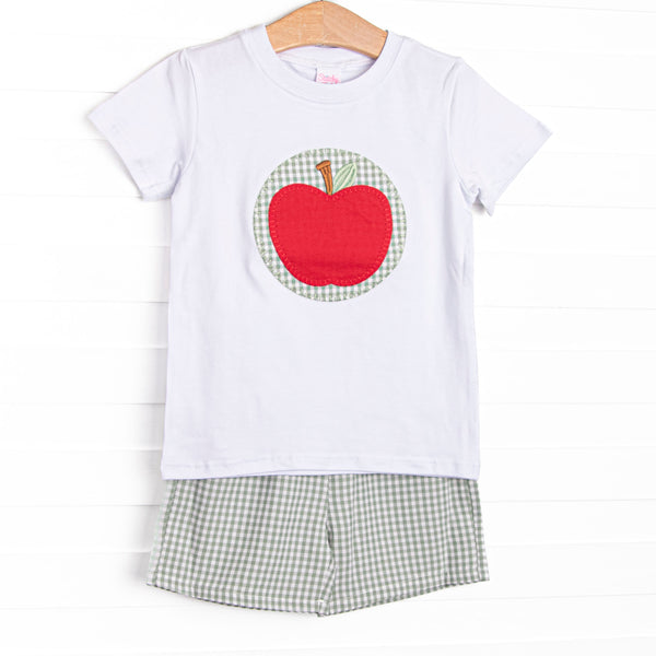 This set features a white shirt and green gingham and apple applique. Coordinating green gingham shorts to match.