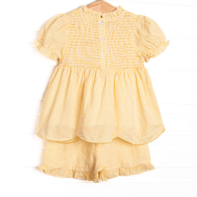 Schoolyard Scallops Applique Ruffle Short Set, Yellow