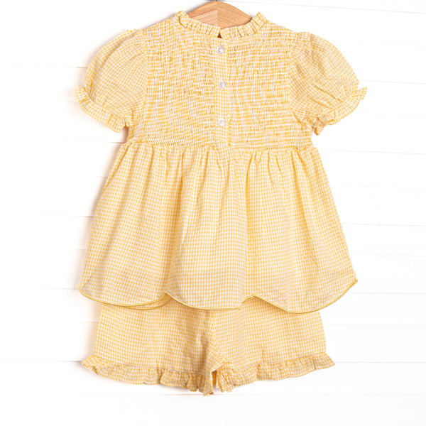 Schoolyard Scallops Applique Ruffle Short Set, Yellow