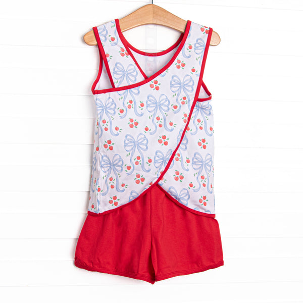 Apple Blossom Bows Applique Short Set, Blue