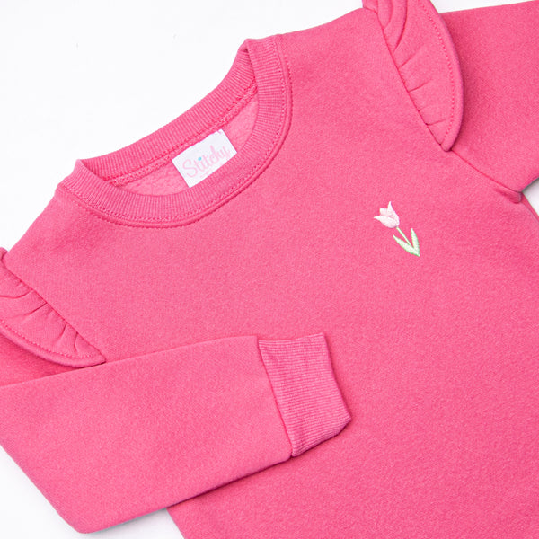 Tulip Embroidered Flutter Sleeve Sweatshirt, Pink