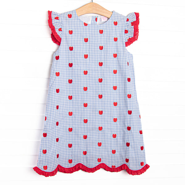 This dress features a blue gingham material, apple embroidery, and red ruffle eyelet trim.