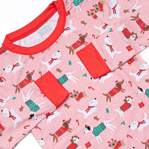 Pups and Presents Bamboo Pajama Set, Pink