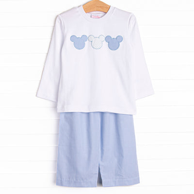 Little Mouse Trio Applique Pant Set, Blue Stripe