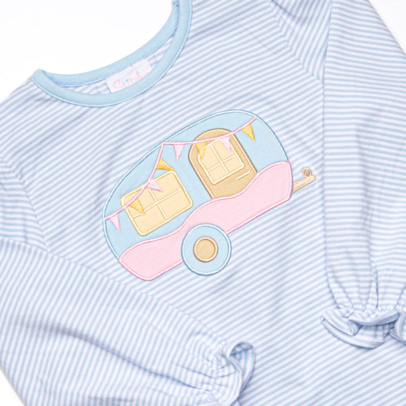 Caravan Camper Applique Legging Set, Blue Stripe