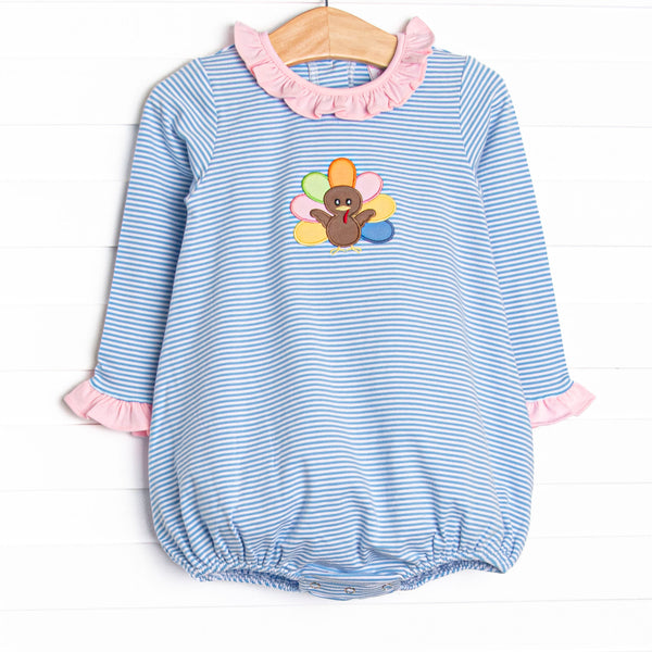 Shake Your Tail Feathers Applique Ruffle Bubble, Blue