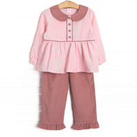 This set features a pink gingham print, mauve corduroy peter pan collar, and fabric covered buttons. Coordinating mauve corduroy ruffle pants to match.