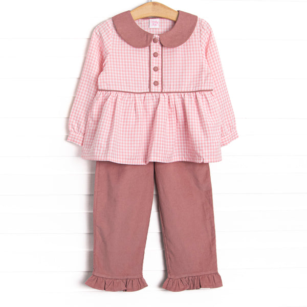 This set features a pink gingham print, mauve corduroy peter pan collar, and fabric covered buttons. Coordinating mauve corduroy ruffle pants to match.