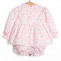 Fabled Fairytale Ruffle Neck Long Sleeve Bloomer Set, Pink