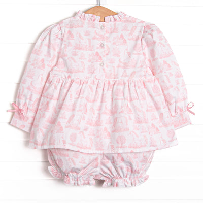 Fabled Fairytale Ruffle Neck Long Sleeve Bloomer Set, Pink