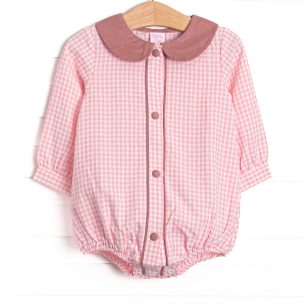  This bubble features a pink gingham print, mauve corduroy peter pan collar, and fabric covered buttons. 