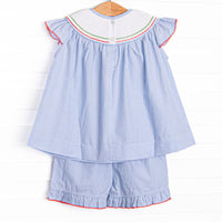 School House Scholar Smocked Ruffle Short Set, Blue