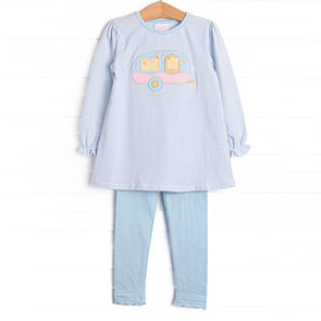 Caravan Camper Applique Legging Set, Blue Stripe