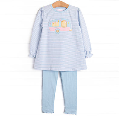 Caravan Camper Applique Legging Set, Blue Stripe