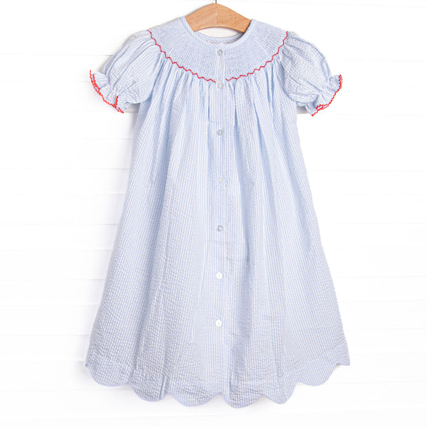 Honor Roll Ready Smocked Bishop Dress, Blue Seersucker