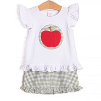  This set features a white flutter sleeve top with an apple applique. Coordinating green gingham ruffle&nbsp; shorts to match. 