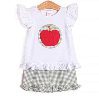  This set features a white flutter sleeve top with an apple applique. Coordinating green gingham ruffle&nbsp; shorts to match. 