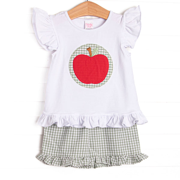  This set features a white flutter sleeve top with an apple applique. Coordinating green gingham ruffle&nbsp; shorts to match. 