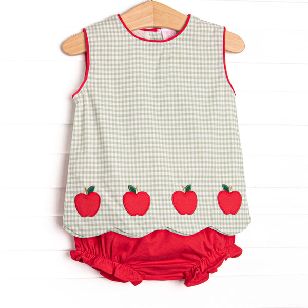 This set features a green gingham print top with scalloped edges, red trim, and apple appliques. Coordinating red diaper cover to match.