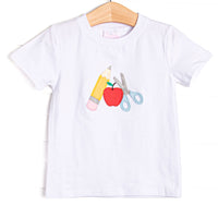  This top features a white knit material, short sleeves, and school details applique. 