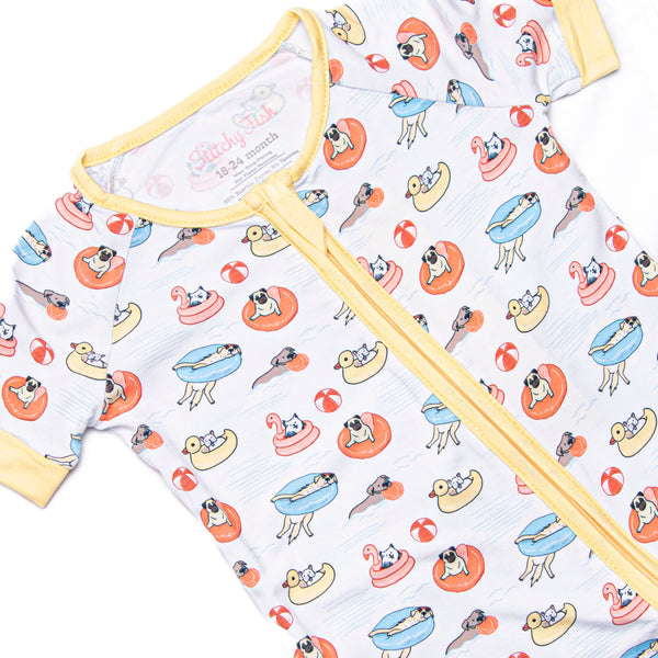 Pool Day Pooch Bamboo Short Zippy Pajama, Yellow