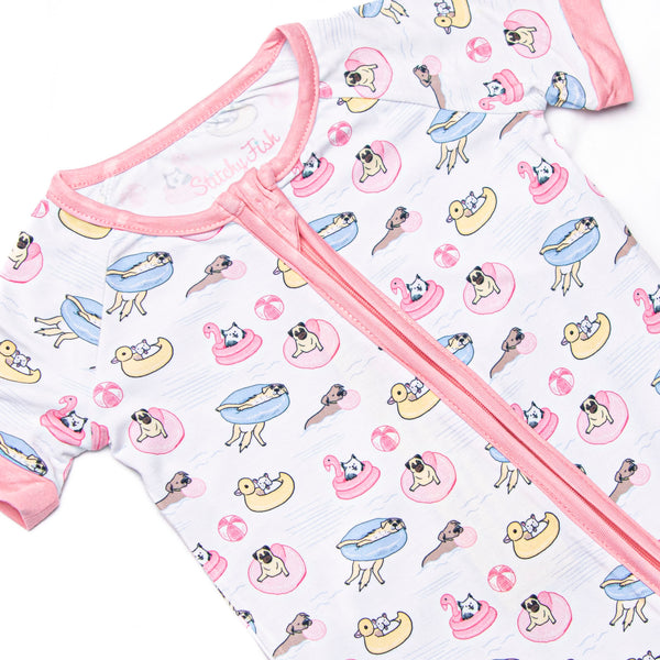 Pool Day Pooch Bamboo Short Zippy Pajama, Pink