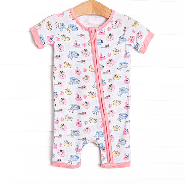 Pool Day Pooch Bamboo Short Zippy Pajama, Pink