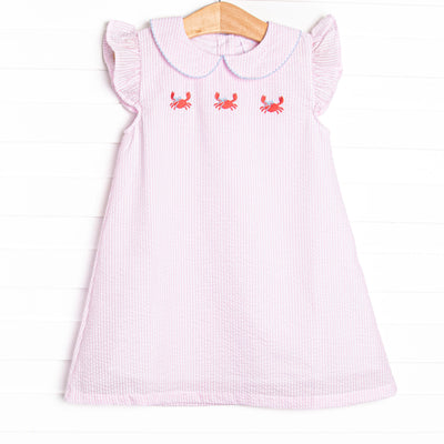 Crab Walk Cutie Embroidered Dress, Pink Seersucker