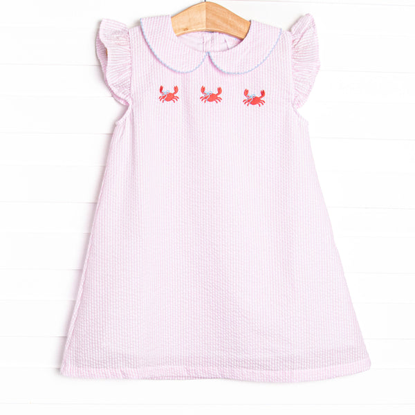 Crab Walk Cutie Embroidered Dress, Pink Seersucker