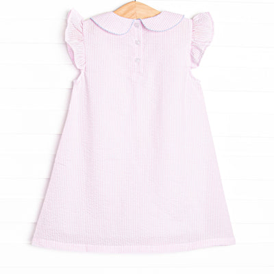 Crab Walk Cutie Embroidered Dress, Pink Seersucker