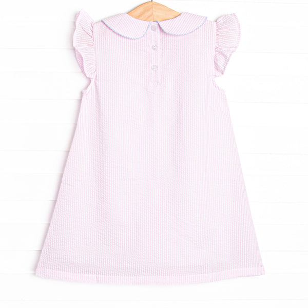 Crab Walk Cutie Embroidered Dress, Pink Seersucker