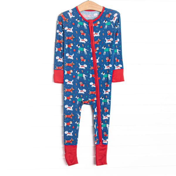  This zippy is made of the extremely soft, stretchy bamboo viscose fabric that feels like butter. With fold over cuffs at the feet so it can be worn as a romper or a zippy, a double zipper for easier diaper changes, and a navy Christmas puppy print 