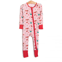 This zippy is made of the extremely soft, stretchy bamboo viscose fabric that feels like butter.&nbsp;With fold over cuffs at the feet so it can be worn as a romper or a&nbsp;zippy, a&nbsp;double zipper for easier diaper changes, and a puppy and presents print