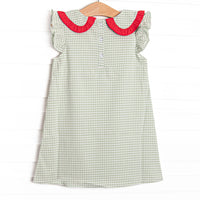 Grade School Gingham Applique Collared Dress, Green