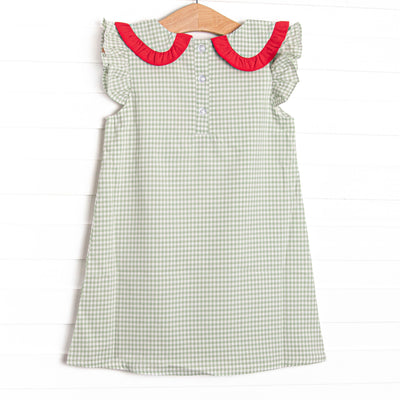 Grade School Gingham Applique Collared Dress, Green