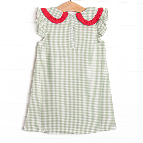 Grade School Gingham Applique Collared Dress, Green